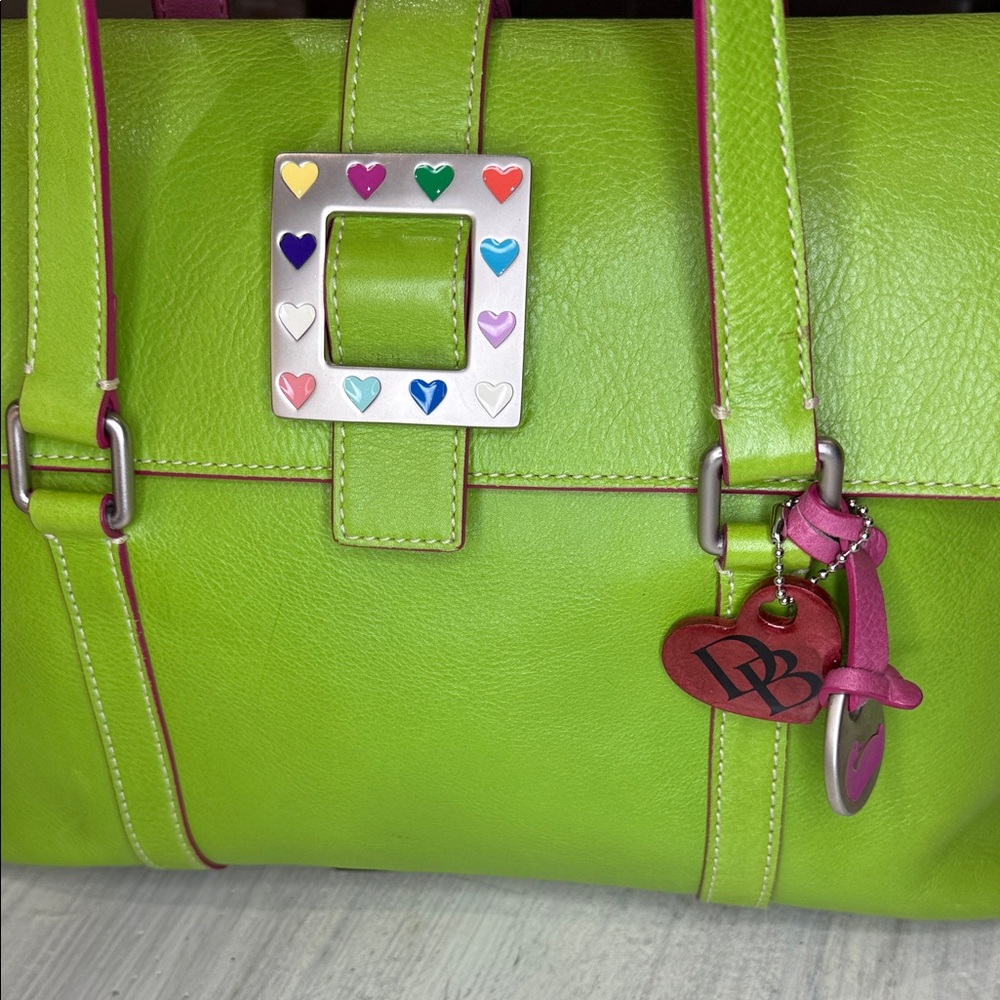 Vintage Rare Dooney & Bourke Vibrant Green and Pink Heart Buckle Shoulder Bag - Picture 3 of 15